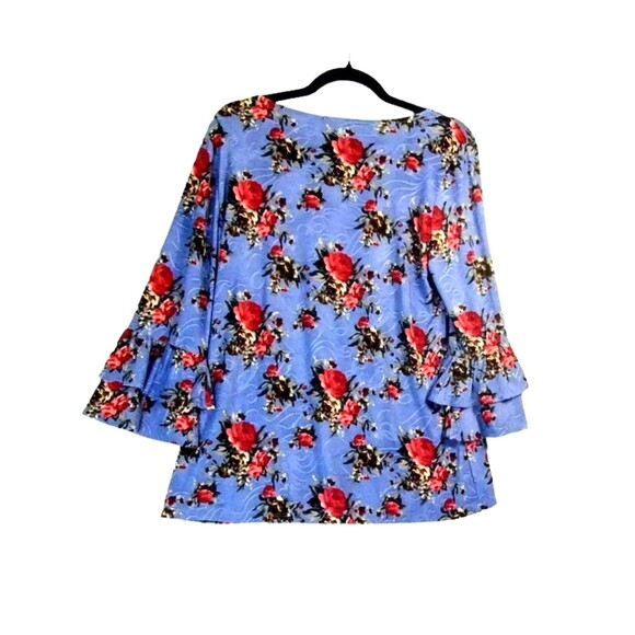 Cocomo Top Women's L Boat Neck Long Ruffle Sleeve Top Red Roses Sky Blue Boho - Picture 4 of 10